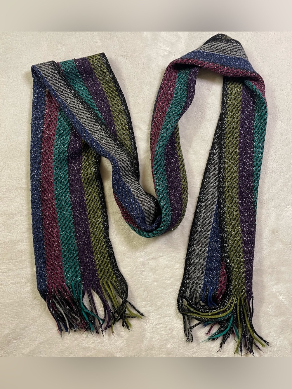 Thick Striped Metallic Multi Colored Scarf with Fringe